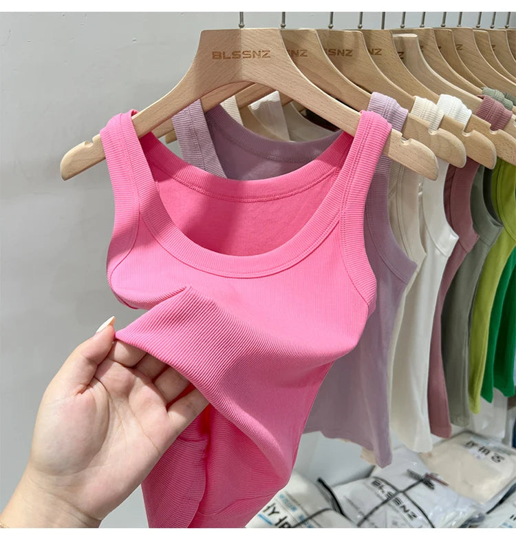 zjaiss Women Solid Round Neck Ribbed Tank Top Camisole Women 2024 Summer Basic Elastic Tank Top O Neck Solid Tank Top