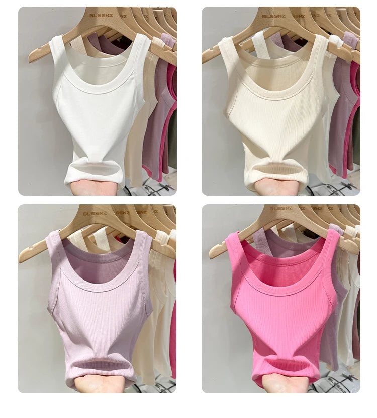 zjaiss Women Solid Round Neck Ribbed Tank Top Camisole Women 2024 Summer Basic Elastic Tank Top O Neck Solid Tank Top