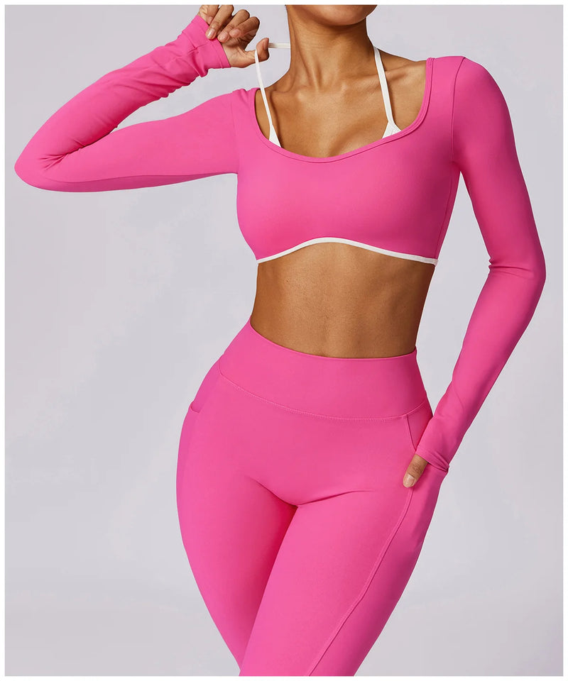 2 Pieces Women Tracksuit Yoga Set Workout Sportswear Gym Clothing Fitness Long Sleeve Crop Top High Waist Leggings Sports Suits