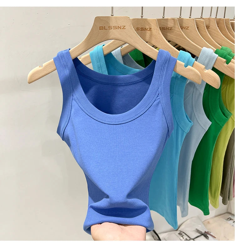 zjaiss Women Solid Round Neck Ribbed Tank Top Camisole Women 2024 Summer Basic Elastic Tank Top O Neck Solid Tank Top