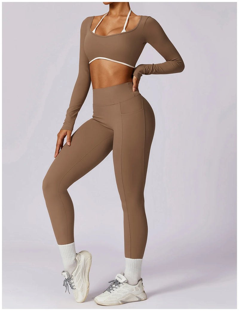 2 Pieces Women Tracksuit Yoga Set Workout Sportswear Gym Clothing Fitness Long Sleeve Crop Top High Waist Leggings Sports Suits