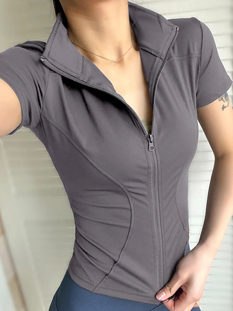 Summer High Quality Waist Slimming Training Tops Women's Quick-drying Tight Stand Collar Full Zipper Short Sleeves Yoga shirts