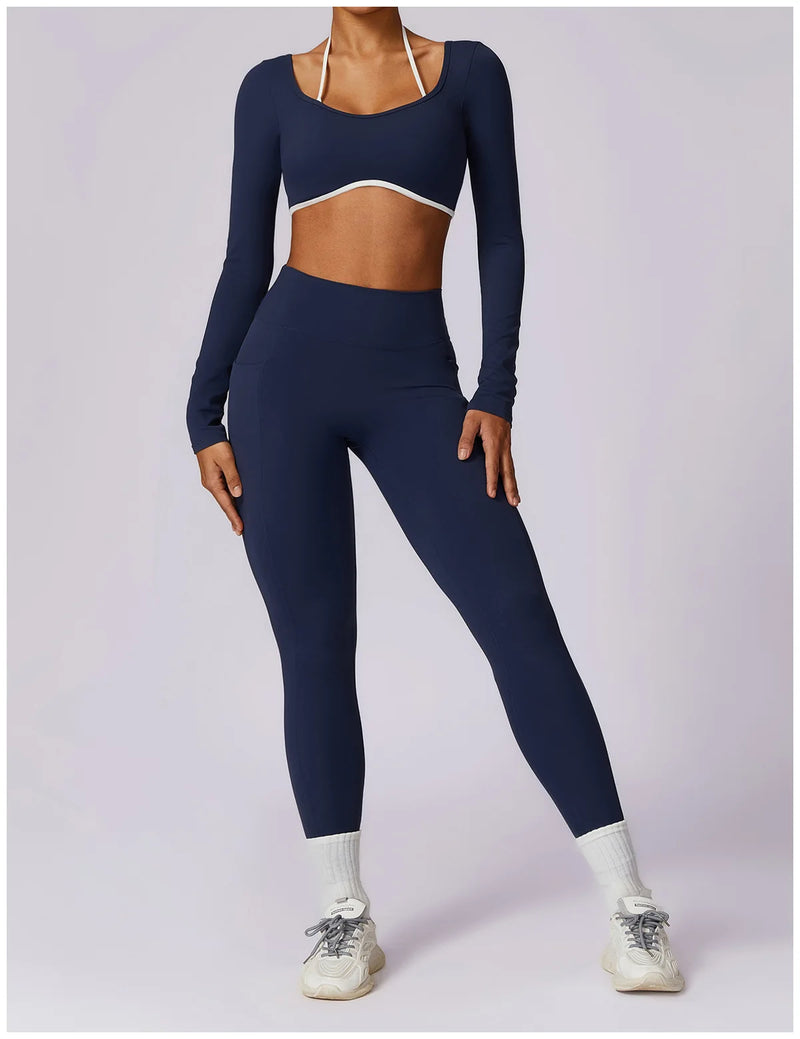 2 Pieces Women Tracksuit Yoga Set Workout Sportswear Gym Clothing Fitness Long Sleeve Crop Top High Waist Leggings Sports Suits