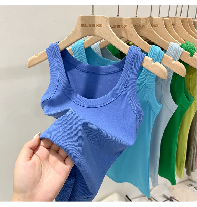 zjaiss Women Solid Round Neck Ribbed Tank Top Camisole Women 2024 Summer Basic Elastic Tank Top O Neck Solid Tank Top