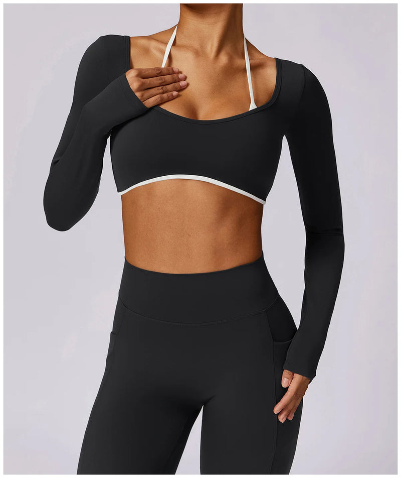 2 Pieces Women Tracksuit Yoga Set Workout Sportswear Gym Clothing Fitness Long Sleeve Crop Top High Waist Leggings Sports Suits