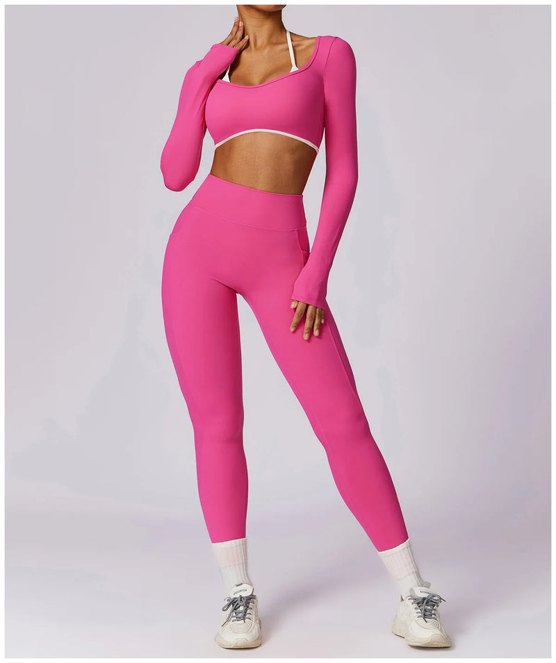 2 Pieces Women Tracksuit Yoga Set Workout Sportswear Gym Clothing Fitness Long Sleeve Crop Top High Waist Leggings Sports Suits