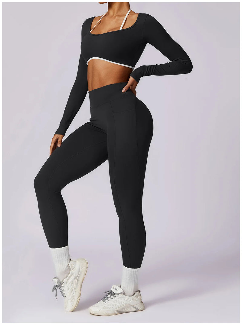 2 Pieces Women Tracksuit Yoga Set Workout Sportswear Gym Clothing Fitness Long Sleeve Crop Top High Waist Leggings Sports Suits