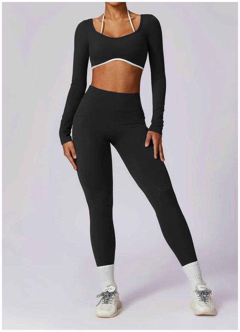 2 Pieces Women Tracksuit Yoga Set Workout Sportswear Gym Clothing Fitness Long Sleeve Crop Top High Waist Leggings Sports Suits