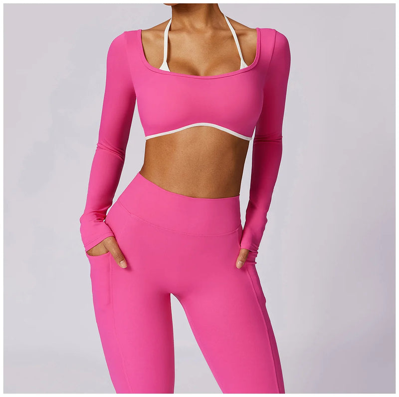 2 Pieces Women Tracksuit Yoga Set Workout Sportswear Gym Clothing Fitness Long Sleeve Crop Top High Waist Leggings Sports Suits