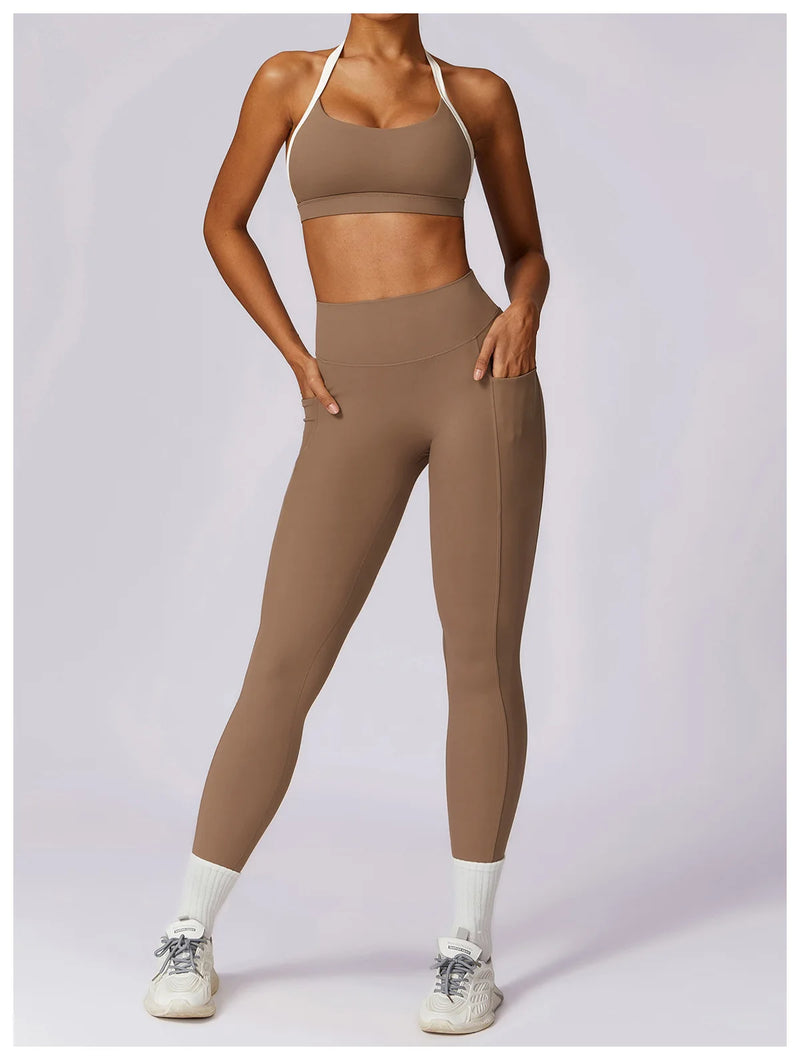 2 Pieces Women Tracksuit Yoga Set Workout Sportswear Gym Clothing Fitness Long Sleeve Crop Top High Waist Leggings Sports Suits