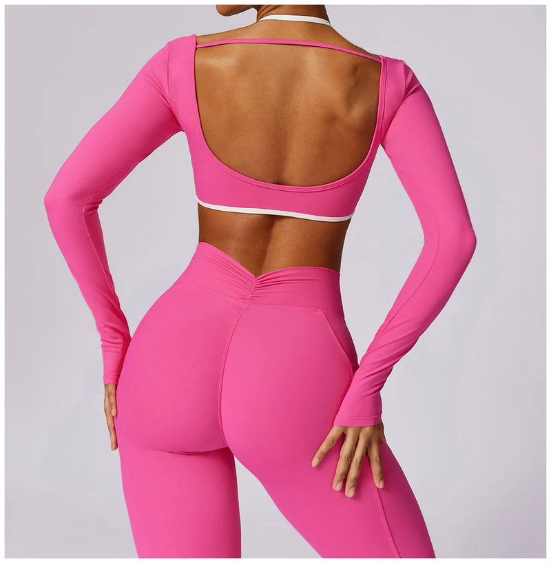 2 Pieces Women Tracksuit Yoga Set Workout Sportswear Gym Clothing Fitness Long Sleeve Crop Top High Waist Leggings Sports Suits