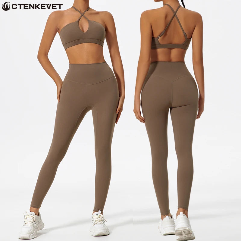 Ctenkevet Two-Piece Women's Sports Set Chest Crossover Yoga Clothes Female Gym Bandeau Sports Bra Suits Sport Outfit For Woman