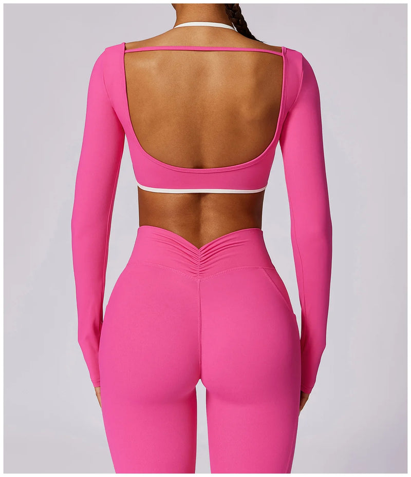 2 Pieces Women Tracksuit Yoga Set Workout Sportswear Gym Clothing Fitness Long Sleeve Crop Top High Waist Leggings Sports Suits