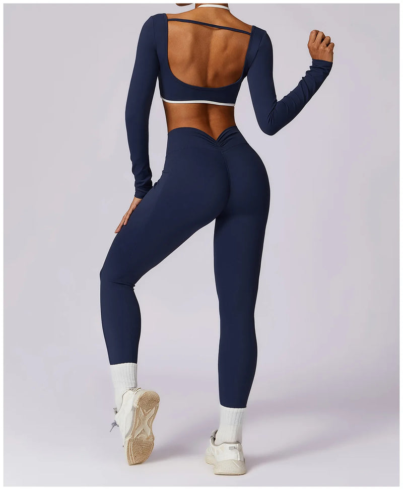 2 Pieces Women Tracksuit Yoga Set Workout Sportswear Gym Clothing Fitness Long Sleeve Crop Top High Waist Leggings Sports Suits