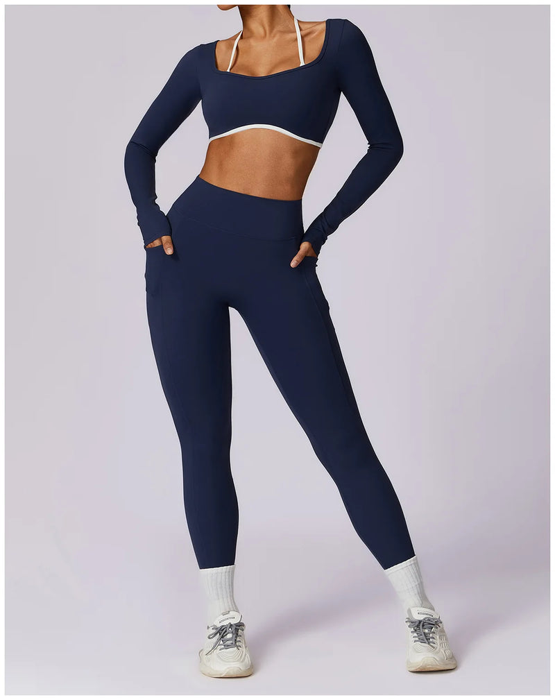 2 Pieces Women Tracksuit Yoga Set Workout Sportswear Gym Clothing Fitness Long Sleeve Crop Top High Waist Leggings Sports Suits