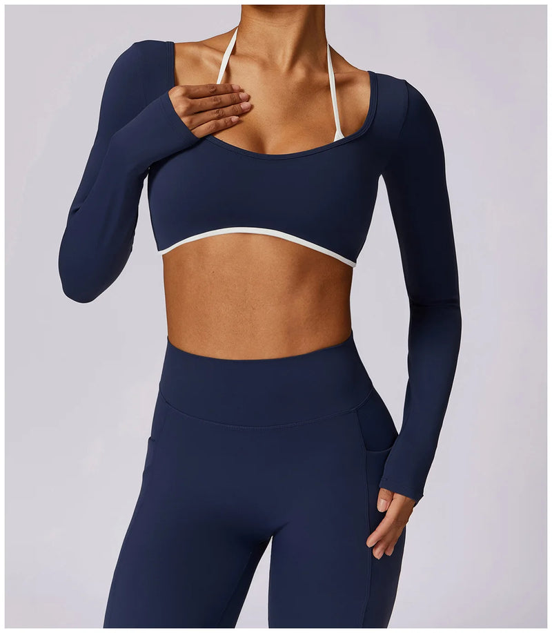 2 Pieces Women Tracksuit Yoga Set Workout Sportswear Gym Clothing Fitness Long Sleeve Crop Top High Waist Leggings Sports Suits