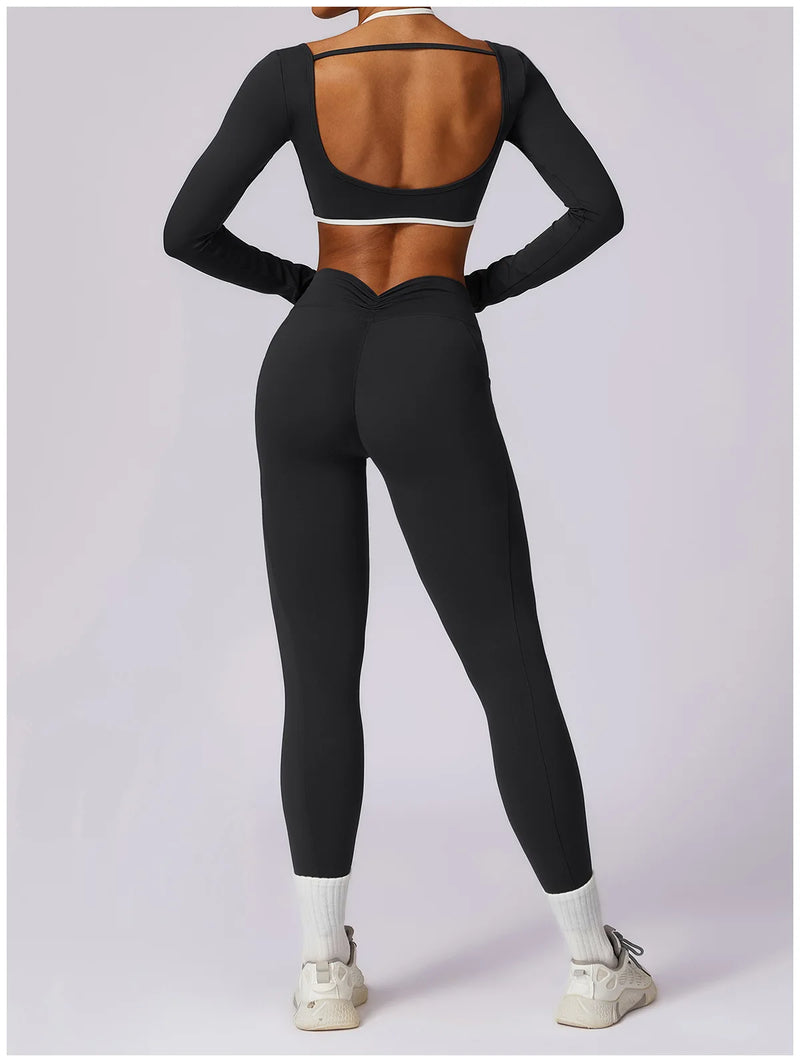 2 Pieces Women Tracksuit Yoga Set Workout Sportswear Gym Clothing Fitness Long Sleeve Crop Top High Waist Leggings Sports Suits